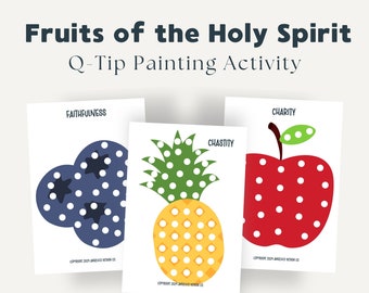 May include: Printable Q-tip painting activity for kids featuring fruits of the Holy Spirit: Faithfulness, Chastity, and Charity. Each fruit is represented by a different color and has white dots for kids to paint.