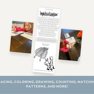 May include: A set of printable coloring pages for kids featuring images related to Easter, including a crown of thorns, palm branches, and a person riding a donkey. The text "Good Friday" and "Palm Sunday" is included on the pages. The pages are designed for tracing, coloring, drawing, counting, matching, and patterns.