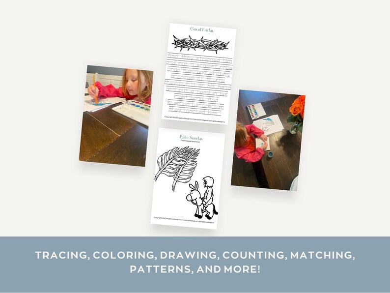 May include: A set of printable coloring pages for kids featuring images related to Easter, including a crown of thorns, palm branches, and a person riding a donkey. The text "Good Friday" and "Palm Sunday" is included on the pages. The pages are designed for tracing, coloring, drawing, counting, matching, and patterns.