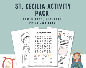 May include: A printable activity pack featuring St. Cecilia, the patron saint of music. The pack includes a word search, coloring page, and other activities. The image shows a black and white illustration of St. Cecilia holding a harp.