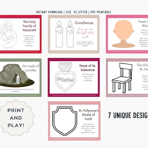 May include: Printable coloring pages featuring religious themes, including the Holy Family, Candlemas, Feast of St. Blaise, Our Lady of Lourdes, Feast of St. Valentine, the Chair of St. Peter, and St. Polycarp's Shield of Faith. The pages are designed for use with playdough.