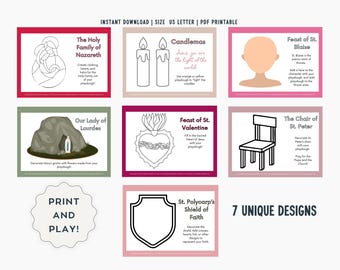 May include: Printable coloring pages featuring religious themes, including the Holy Family, Candlemas, Feast of St. Blaise, Our Lady of Lourdes, Feast of St. Valentine, the Chair of St. Peter, and St. Polycarp's Shield of Faith. The pages are designed for use with playdough.