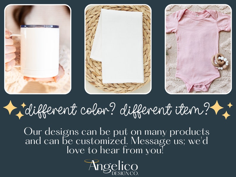Pu&ograve; includere: Tre prodotti personalizzabili vuoti: una tazza bianca, un quadrato di tessuto bianco e un body rosa per neonato. Il testo "colore diverso? articolo diverso?" &egrave; visualizzato sopra i prodotti. Il testo "I nostri design possono essere applicati a molti prodotti e possono essere personalizzati. Contattaci; ci piacerebbe sentirti!" &egrave; visualizzato sotto i prodotti. Il testo "Angelico DESIGN CO." &egrave; visualizzato nella parte inferiore dell'immagine.