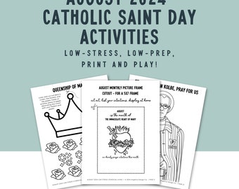 May include: Black and white printable coloring pages for Catholic Saint Day activities in August 2024. The pages feature a crown, a heart with thorns, and a portrait of a saint. The text on the pages reads "Queenship of Mary", "August is the month of the Immaculate Heart of Mary", and "St. Maximilian Kolbe, Pray for Us".