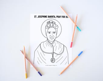 May include: A black and white line drawing of Saint Josephine Bakhita, a Catholic saint. The image is a coloring page with the text "ST. JOSEPHINE BAKHITA, PRAY FOR US." at the top.