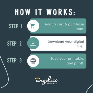 May include: A teal green graphic with white text explaining how to purchase and download a digital printable. The text reads "HOW IT WORKS:" followed by three steps: "STEP 1: Add to cart & purchase item." "STEP 2: Download your digital file." "STEP 3: Save your printable. and print!" The graphic also includes a shopping cart icon, a download icon, and a printer icon.
