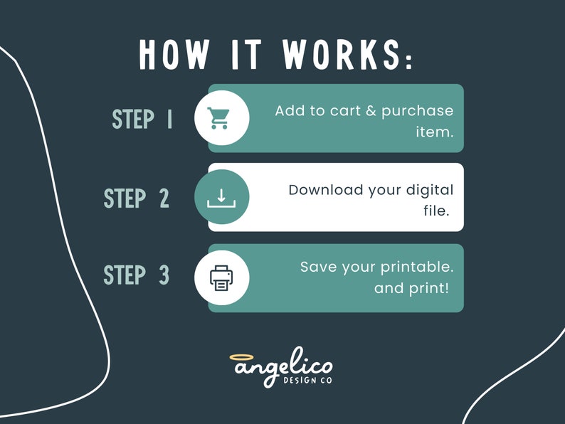 May include: A teal green graphic with white text explaining how to purchase and download a digital printable. The text reads "HOW IT WORKS:" followed by three steps: "STEP 1: Add to cart & purchase item." "STEP 2: Download your digital file." "STEP 3: Save your printable. and print!" The graphic also includes a shopping cart icon, a download icon, and a printer icon.