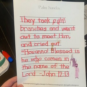 May include: A handwritten note on lined paper with the text "Palm Sunday: They took palm branches and went out to meet Him, and cried out "Hosanna! Blessed is he who comes in the name of the Lord - John 12:13". A small illustration of a person holding a palm branch is in the bottom right corner.