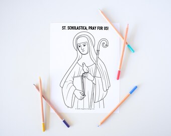 May include: A black and white coloring page featuring a drawing of Saint Scholastica, a Catholic saint, holding a book and a dove. The text "ST. SCHOLASTICA, PRAY FOR US!" is at the top of the page.