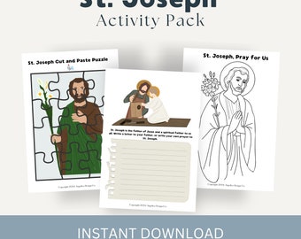May include: A printable activity pack for kids featuring St. Joseph. The pack includes a cut and paste puzzle, a coloring page, and a writing prompt. The pages are black and white with illustrations of St. Joseph.