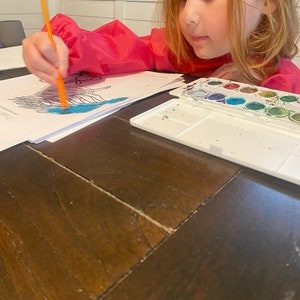May include: A young person wearing a pink jacket is painting with watercolors. They are using a blue paint to color a picture of a bird. The watercolor set has a white case with a variety of colors.
