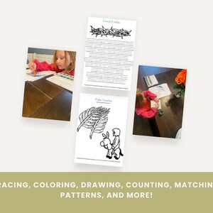 May include: A set of printable coloring pages featuring religious themes, including a crown of thorns, palm branches, and a donkey. The pages are designed for children to color and learn about the story of Jesus.