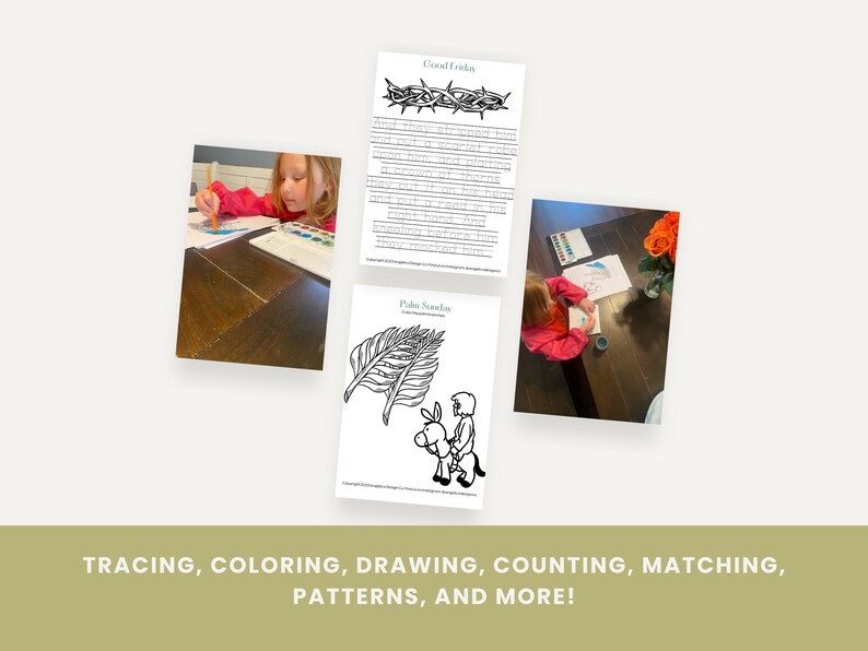 May include: A set of printable coloring pages featuring religious themes, including a crown of thorns, palm branches, and a donkey. The pages are designed for children to color and learn about the story of Jesus.