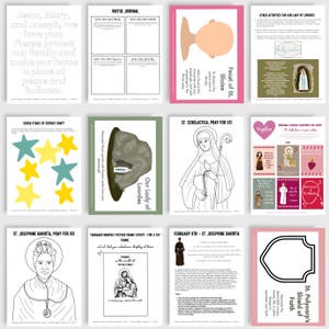 May include: A printable set of Catholic coloring pages and activities featuring saints, including St. Josephine Bakhita, St. Scholastica, and Our Lady of Lourdes. The pages include coloring pages, a virtue journal, and a craft activity.