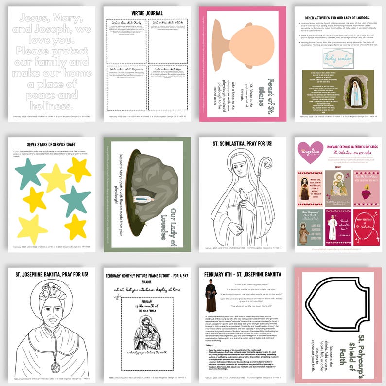 May include: A printable set of Catholic coloring pages and activities featuring saints, including St. Josephine Bakhita, St. Scholastica, and Our Lady of Lourdes. The pages include coloring pages, a virtue journal, and a craft activity.