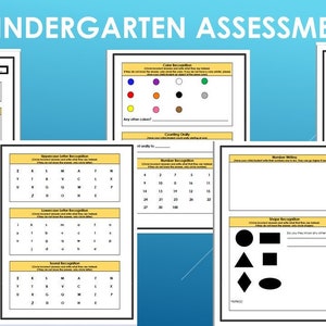 Puede incluir: Hojas de evaluación de kindergarten con secciones para el reconocimiento de colores, el reconocimiento de números, el reconocimiento de formas, el reconocimiento de letras y el seguimiento de las puntuaciones de las pruebas. Las hojas de trabajo están diseñadas para ayudar a los maestros a evaluar las habilidades de sus alumnos de kindergarten.
