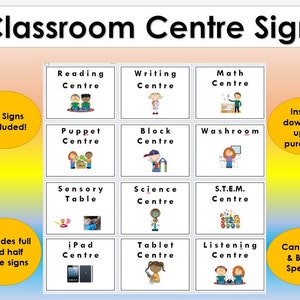 Printable Centre Signs for Kindergarten/Daycare/Pre-K with Canadian & British Spelling