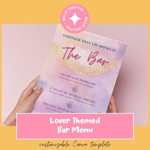 Anpassbare Lover Era Digital Bar Menü - Bearbeitbare Canva Vorlage für Hochzeiten, Geburtstage, Junggesellinnenabschiede, Mädelsabende und mehr