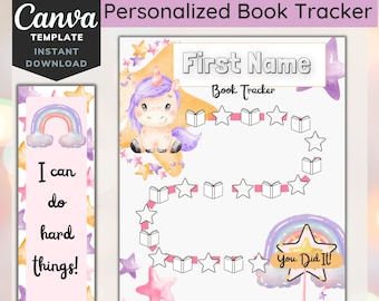 May include: A printable book tracker featuring a unicorn with a rainbow and stars. The tracker has a space for a child's name and a section to track books read. The text "You Did It!" is on a star-shaped wand.