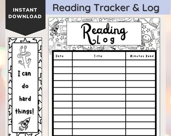May include: Black and white printable reading log with a space for the date, title, and minutes read. The log is decorated with stars and books. A free bookmark with a rocket and the text "I can do hard things!" is included.