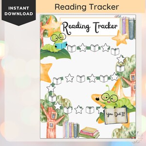 Printable Reading Tracker For Kids, Bookworm Theme, Student Book Chart, Goal Chart, Toddler Book Tracker, Sticker Chart, Kids Reward Chart