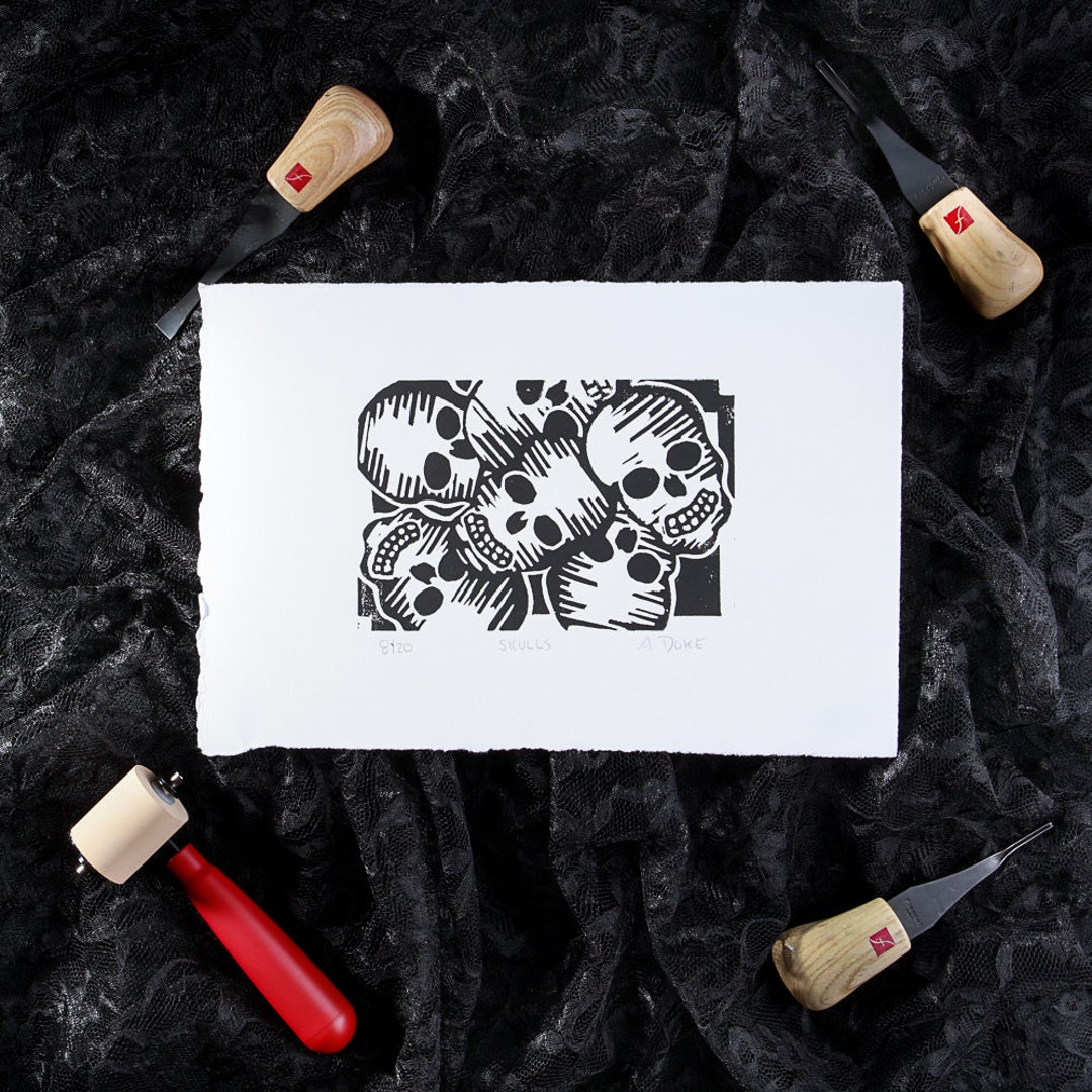 Skulls Linocut Print skull Etsy