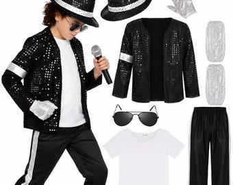 May include: A black sequined jacket with silver arm bands, black pants with silver side stripes, a white v-neck t-shirt, a black sequined fedora, silver sequined gloves, and black aviator sunglasses. A microphone is also included in the set.