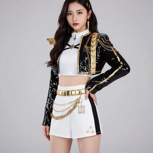 May include: A black cropped jacket with gold sequin trim, gold chains, and shoulder epaulets, worn over a white mock-neck crop top. The outfit includes white high-waisted shorts with a gold metallic belt, hanging gold chains, and three small gold star appliques.