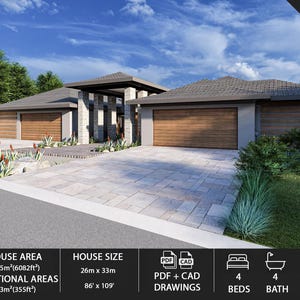 Op de afbeelding: Architecturale weergave van een modern huis met een lichtgrijze buitenkant, bruine garagedeuren en een geplaveide oprit. Het huis heeft een totale oppervlakte van 565 m² en meet 26m x 33m. Inclusief 4 bedden, 4 badkamers en een garage voor 4 auto's. Digitale download.