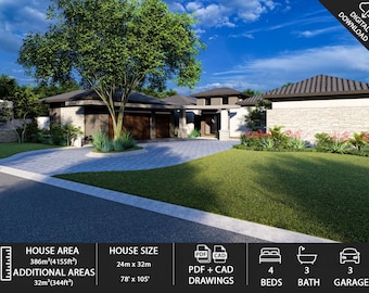 May include: Architectural rendering of a modern home with a gray roof, stone facade, and a circular driveway. The house has a garage, lush green lawn, and landscaping. The house size is 78' x 105' with 4 bedrooms, 3 baths, and a 3-car garage.