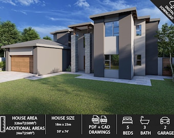 May include: A modern two-story house with a gray exterior, a garage, and a well-manicured lawn. The house size is 59' x 74', with a house area of 3509 sq ft. The image includes a digital download icon and details about the house's features.