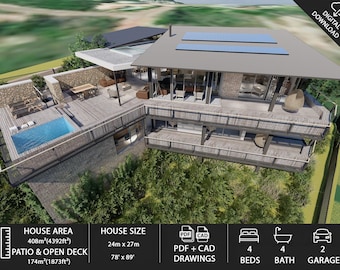 Modern House Plans: 4 Bed, 4 Bath, 2 Garage (PDF & DWG)