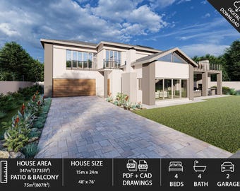 May include: A modern two-story house with a light-colored exterior, a wooden garage door, and large windows. The house has a paved driveway and a well-maintained lawn. The house size is 48' x 76', with 4 bedrooms, 4 baths, and a 2-car garage.