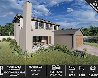 Può includere: Una moderna casa a due piani con esterno grigio chiaro, camino e garage. La casa ha un balcone e ampie finestre. Le dimensioni della casa sono 13m x 15m, con 3 camere da letto, 3 bagni e un garage per 2 auto. Download digitale disponibile.