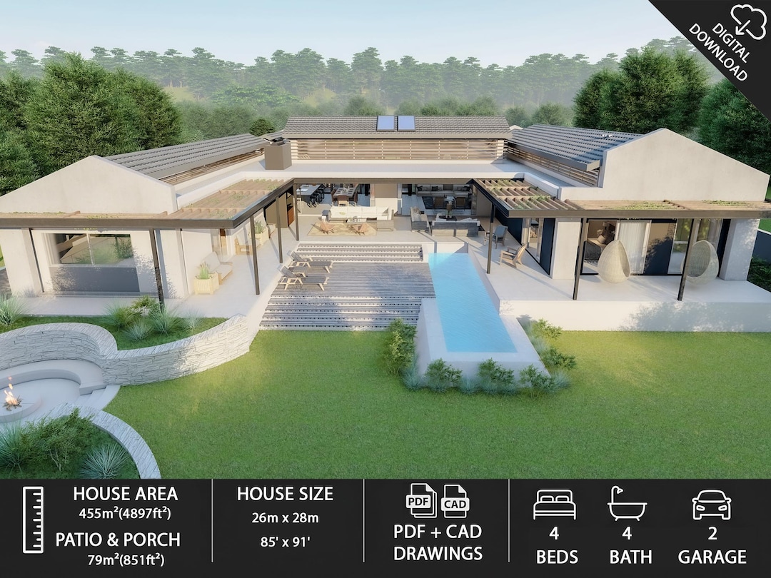 Modern 4 Bed 4 Bath House Plans, PDF & DWG (digital Download) - Etsy