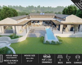 Modern 4 Bed 4 Bath House Plans, PDF & DWG (Digital Download)