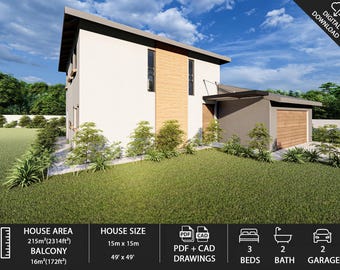 May include: A modern two-storey house with a white exterior, wood accents, and a garage. The house has a green lawn and small trees in front. The house area is 215m², with a balcony of 16m². House size is 15m x 15m. Includes 3 beds, 2 baths, and a 2-car garage.