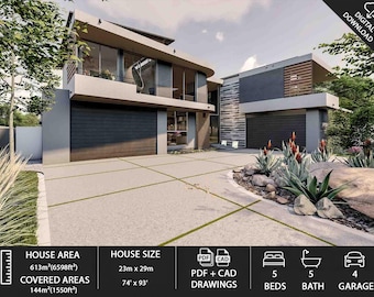 May include: Modern two-story house with a gray exterior, large windows, and a two-car garage. The house has a concrete driveway and is surrounded by landscaping. The image includes details about the house area, size, and number of bedrooms and bathrooms.