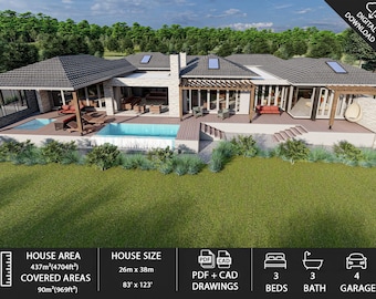 May include: Architectural rendering of a modern house with a pool and outdoor seating areas. The house has a dark gray roof, light-colored walls, and large windows. The house size is 83' x 123'. The house has 3 beds, 3 baths, and a 4-car garage.