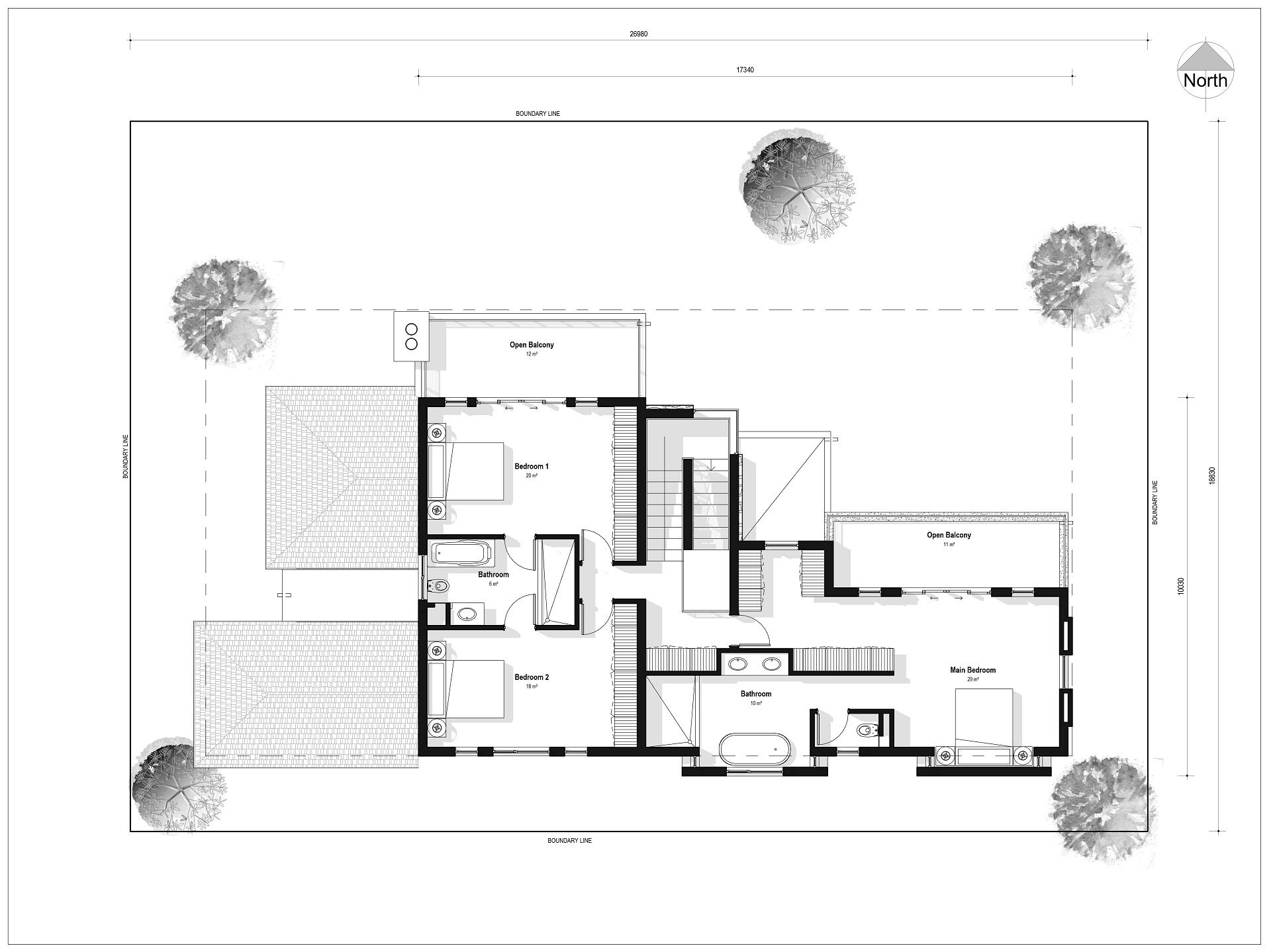 Modern 4 Bedroom House Plans With Balcony (PDF & DWG) - Etsy