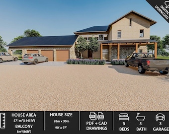 May include: Architectural rendering of a two-story house with a three-car garage. The house has a beige exterior, a dark blue roof, and a gravel driveway. The house size is 90' x 97' and the house area is 6145ft². The image also shows the number of beds, baths, and garage spaces.