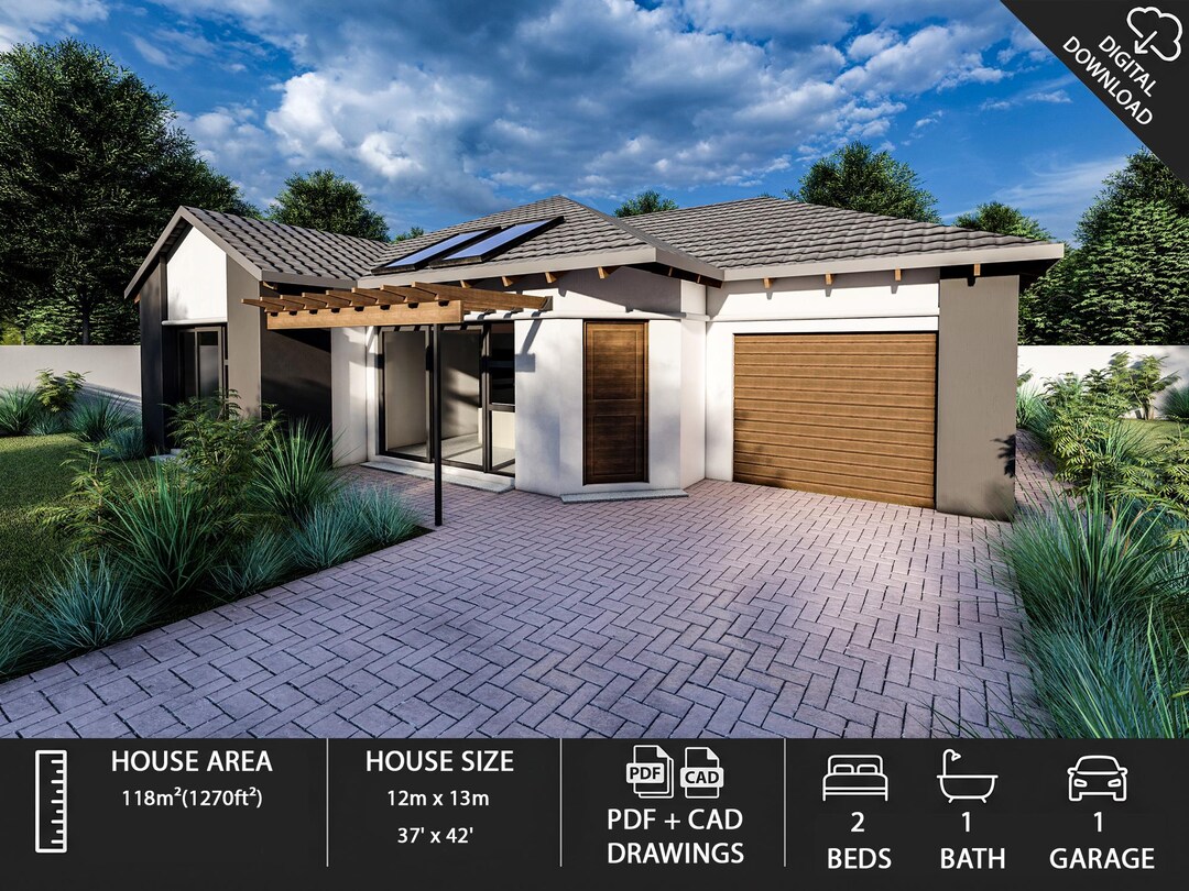 Modern 2 Bedroom , 1 Bathroom House Plans With Garage (PDF & DWG) - Etsy