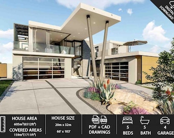 May include: Modern two-story house with a flat roof, glass garage doors, and a concrete driveway. The house has a house area of 605m² (6512ft²) and a house size of 20m x 32m (66' x 103'). Includes 5 beds, 5 baths, and a 4-car garage.