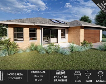 May include: Architectural rendering of a modern single-story house with a brick facade, a garage, and a landscaped yard. The house size is 42' x 46' and the house area is 1367 sq ft. The image includes a digital download icon and details about the house.