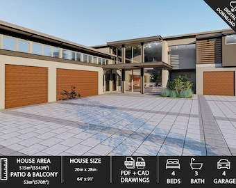 Modern 4 Bedroom House Plan with 4 Garages (PDF & DWG)