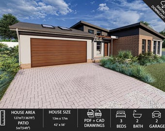 May include: A modern house rendering with a brown garage door and brick facade. The house has a driveway made of interlocking pavers. The image includes details about the house size, area, and number of bedrooms, bathrooms, and garage spaces.