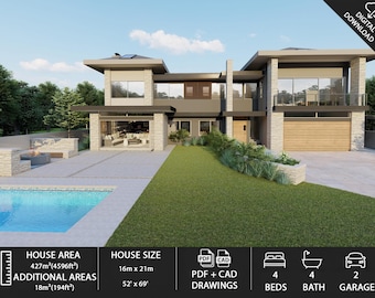 May include: A modern two-story house with a pool and a green lawn. The house has a light gray exterior with large windows and a wooden garage door. The house size is 52' x 69'. The image also includes details about the house area, additional areas, and the number of bedrooms, bathrooms, and garage spaces.