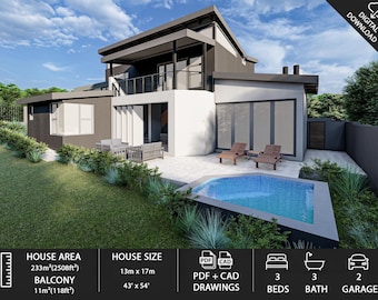 Può includere: Rendering architettonico di una moderna casa a due piani con piscina. La casa presenta un esterno grigio e bianco, un balcone e ampie finestre. Le dimensioni della casa sono 13m x 17m, con una superficie di 233m². Ci sono 3 letti, 3 bagni e un garage per 2 auto.