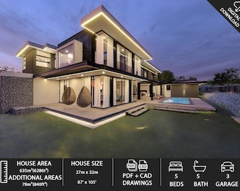 May include: A modern two-story house with large windows, a pool, and hanging chairs. The house has a contemporary design with a flat roof and illuminated edges. The house size is 87' x 105', with a house area of 6286 sq ft. Digital download available.