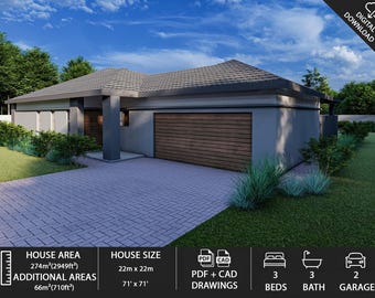 May include: Architectural rendering of a modern, single-story house with a gray roof and exterior. The house has a two-car garage with a wooden door. The driveway is paved with gray bricks. The house size is 71' x 71' and the house area is 2949 sq ft. Digital download.